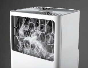 a cube-shaped appliance with a transparent cube inside, displaying an intricate pattern of smoke and bubbles
