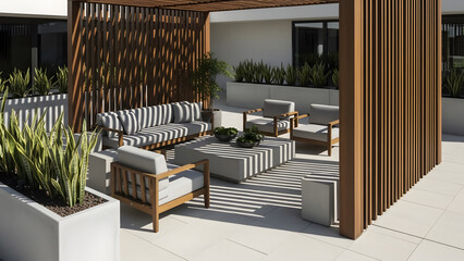 Luxury Outdoor Patio Design with Modern Pergola Grey Lounge Furniture and Succulent Plants