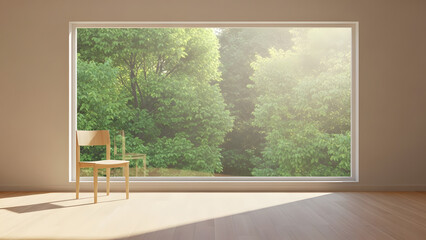 Fototapeta premium Minimalist Interior Room with Wooden Chair and Large Window Overlooking Lush Green Forest