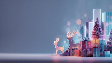 Christmas scene with reindeer and gifts