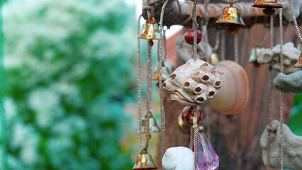 Wind Chimes Decorative Close View Colorful. Hanging Garden Natural Background