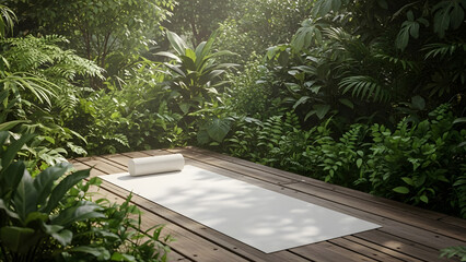 White Yoga Mat on a Wooden Deck Surrounded by Dense Tropical Jungle Foliage