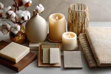 Minimalist pastel beige mood board with candles and fabrics