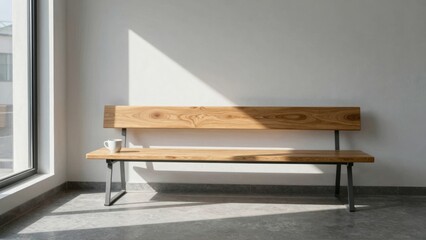 Wooden bench with mug near sunlit window