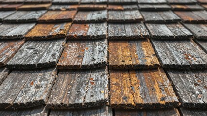 Weathered wooden roof shingles with decay and debris