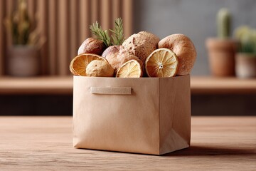 A brown paper bag filled with assorted baked goods, dried orange slices, and a sprig of rosemary on a wooden table