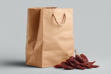 Brown paper shopping bag with dried red chili peppers on a gray background