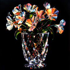 Abstract neon orchids with luminous, laser-like edges bloom from a diamond-clear crystal vase. The orchids glow in soft pinks, blues, and greens. The space background fades from deep navy to starlit b