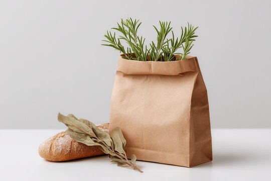 Fresh rosemary sprigs in a brown paper bag with rustic bread and dried bay leaves on a white table - Powered by Adobe