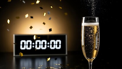 Modern New Year Countdown Clock Champagne With Confetti Photo