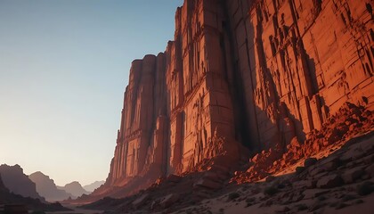 Towering red rock cliffs in a rugged desert landscape with deep crevices and warm light at sunrise or sunset
