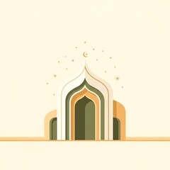 Obraz premium Minimal Islamic Arch Mosque Illustration with Crescent and Stars