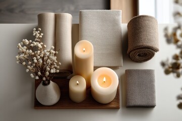 Minimalist pastel beige mood board with candles and fabrics