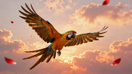 Macaw flying against sunset sky with floating petals