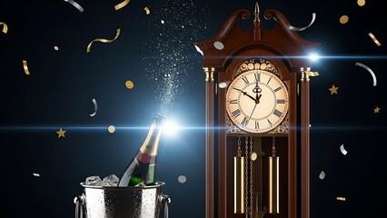 New Year Midnight Countdown Clock Champagne Confetti Concept Photo