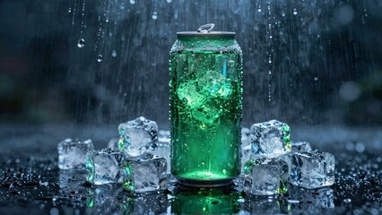 Green soda can with ice cubes in rain