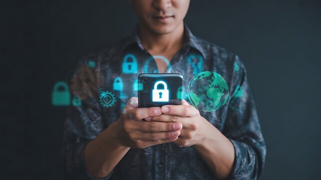 Person holding smartphone with digital security icons and global network - Powered by Adobe
