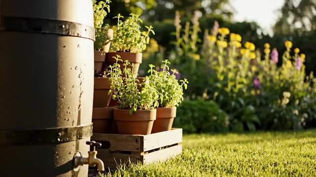 Rustic Rain barrel garden setup on green grass, showcasing sustainable water collection in backyard. Terracotta pots with fresh herbs sit next to Rain barrel garden, creating eco friendly environment.