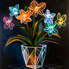 Abstract neon orchids with luminous, laser-like edges bloom from a diamond-clear crystal vase. The orchids glow in soft pinks, blues, and greens. The space background fades from deep navy to starlit b