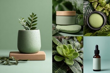 Pastel green mood board with ecofriendly products and plants