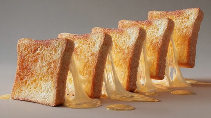 Golden Toast Slices with Melting Butter in a Row on a Light Surface
