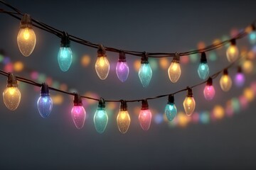 Bright glowing garland with multicolored Christmas lights on transparent background for New Year celebration or holiday card designs without any brand names or trademarks