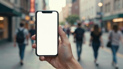 Hand holding smartphone in busy city street