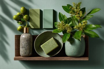 Pastel green mood board with ecofriendly products and plants