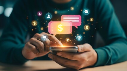 Person using a smartphone with glowing chat bubbles and money icons represents mobile banking, digital payments, financial chatbot assistance, online transactions, finance, money, ai, banking, mobile