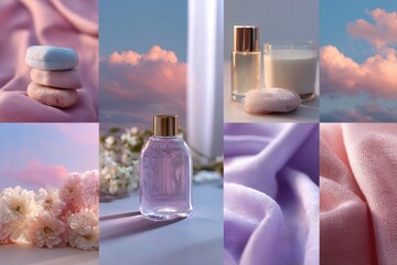 Pastel collage of skies skincare and fabrics