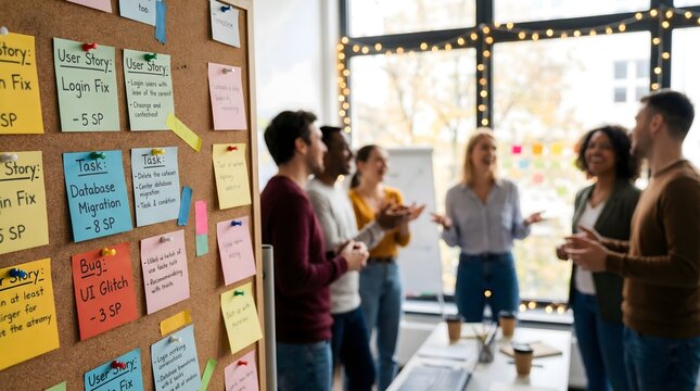 Agile Team Collaboration Meeting with Scrum Board