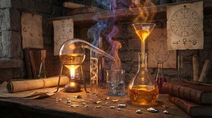 Mysterious Alchemy Lab with Magical Elixirs and Old Scrolls
