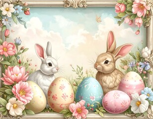 Easter Bunnies with Eggs and Flowers.