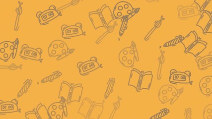 Animated doodle icons scattered across orange background. - Powered by Adobe