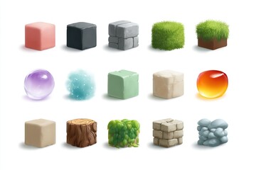 Collection of diverse stylized 3d cubes and spheres representing different game assets and textures