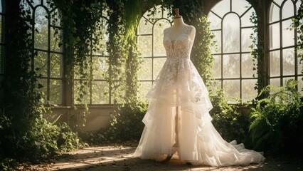 Elegant white wedding dress on mannequin in a sunlit, vine-covered botanical conservatory
