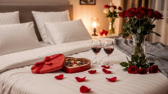 Red rose and candle on bed and table in cozy room setting