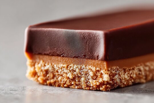 Close-up of a decadent chocolate caramel shortbread bar on a grey surface