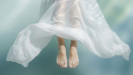 Fototapeta premium Serene couple in bed feet peeking from beneath flowing white fabric underwater, creating a dreamlike mood