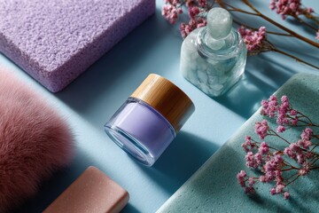 Pastel lifestyle collage Skincare jars with delicate textures