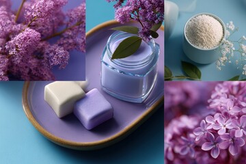 Pastel lifestyle collage Skincare jars with delicate textures