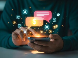 Person using a smartphone with glowing chat bubbles and money icons represents mobile banking, digital payments, financial chatbot assistance, online transactions, finance, money, ai, banking, mobile