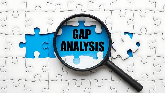 Gap Analysis text revealed through a magnifying glass over a white jigsaw puzzle with missing pieces
