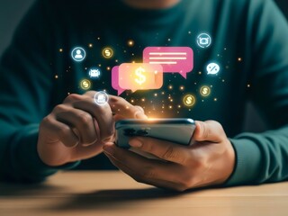 Person using a smartphone with glowing chat bubbles and money icons represents mobile banking, digital payments, financial chatbot assistance, online transactions, finance, money, ai, banking, mobile