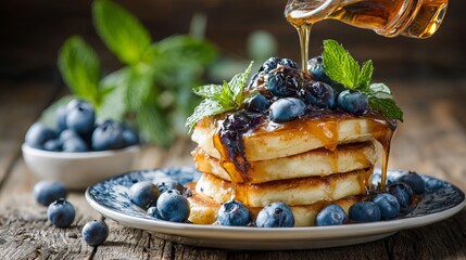 Golden pancake stack drizzled with honey, topped with blueberries and mint on a rustic plate
