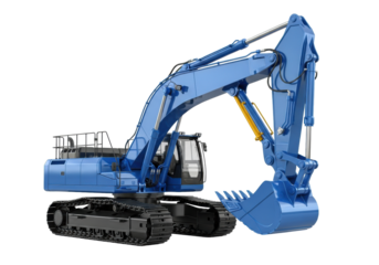 Large, modern electric blue metallic crawler excavator, hydraulic pistons and articulated arm extended dynamically, isolated on transparent background for copy space. concept of heavy industry