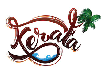 kerala typography calligraphy with coconut tree and sea vector illustration © pritam barman