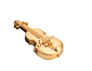 Ornate golden miniature violin, resting on a dark background