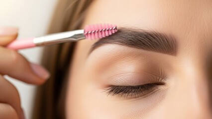 Close-up of a hand using a pink spoolie brush to shape and style a perfectly groomed eyebrow