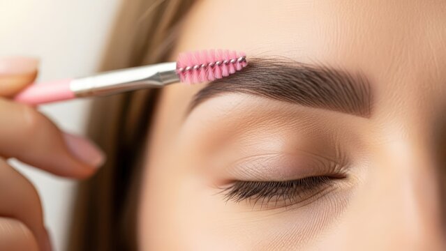Close-up of a hand using a pink spoolie brush to shape and style a perfectly groomed eyebrow